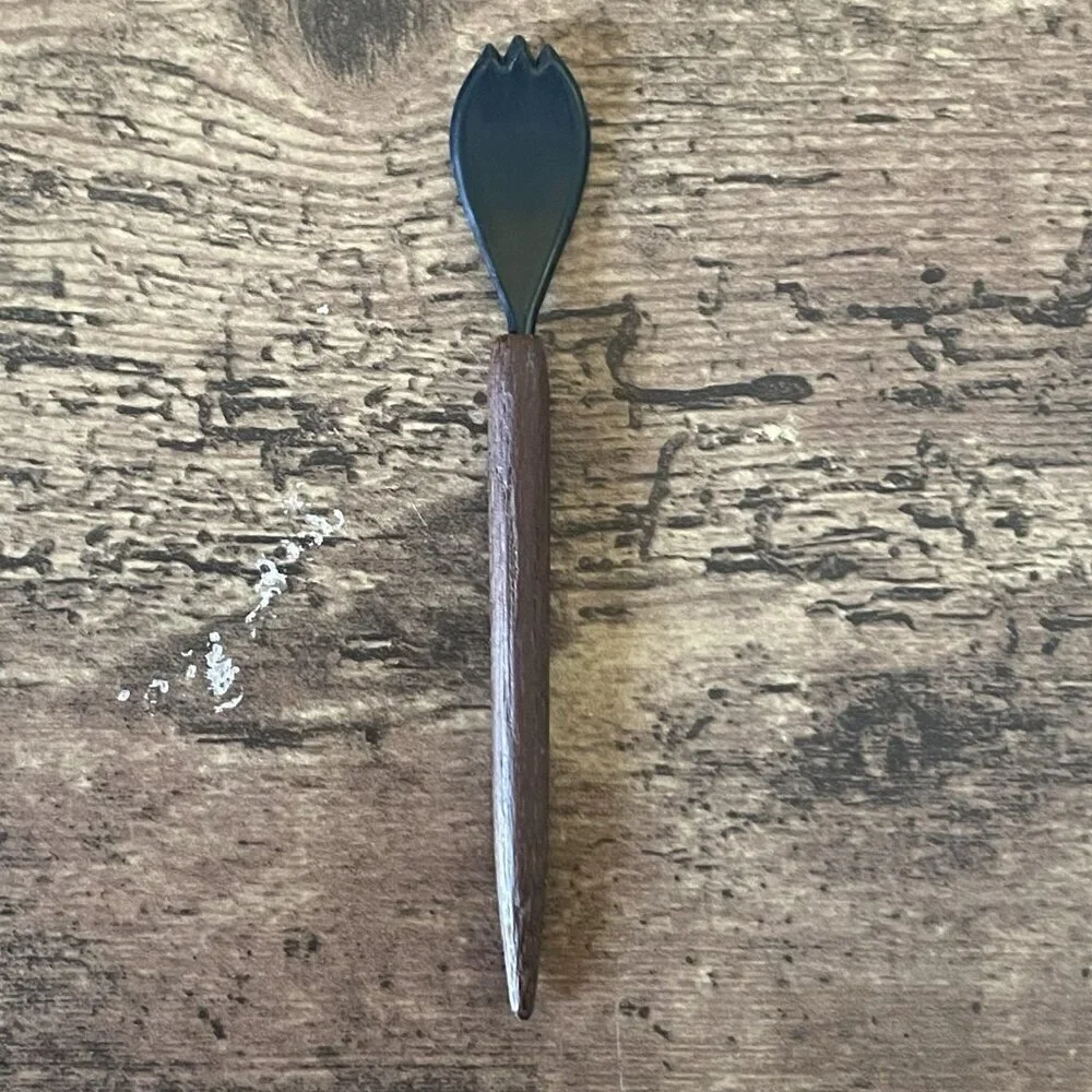 Vintage MCM Danish Teak Wood Handle Cocktail Sauce Relish Spoon Fork Set of 4